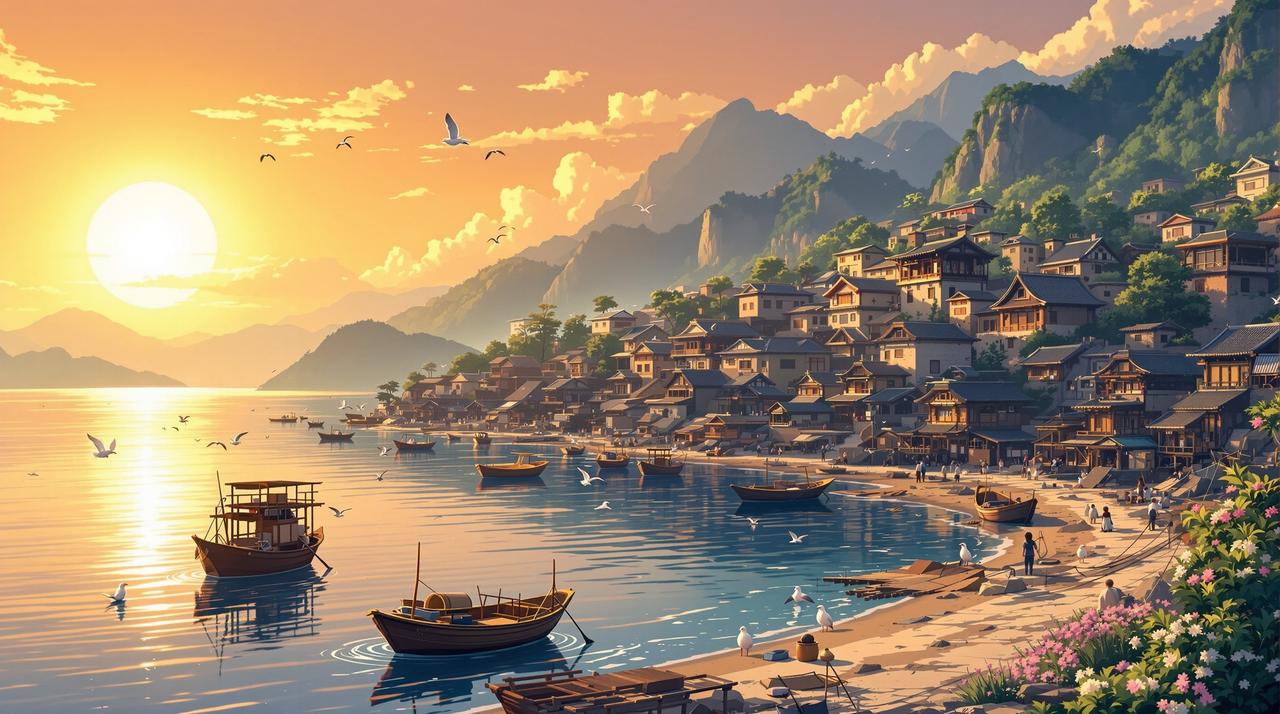 夸克网剧 - 海边渔村温暖黄昏全景，金色夕阳下的渔港，停泊的小渔船，传统石屋与远山